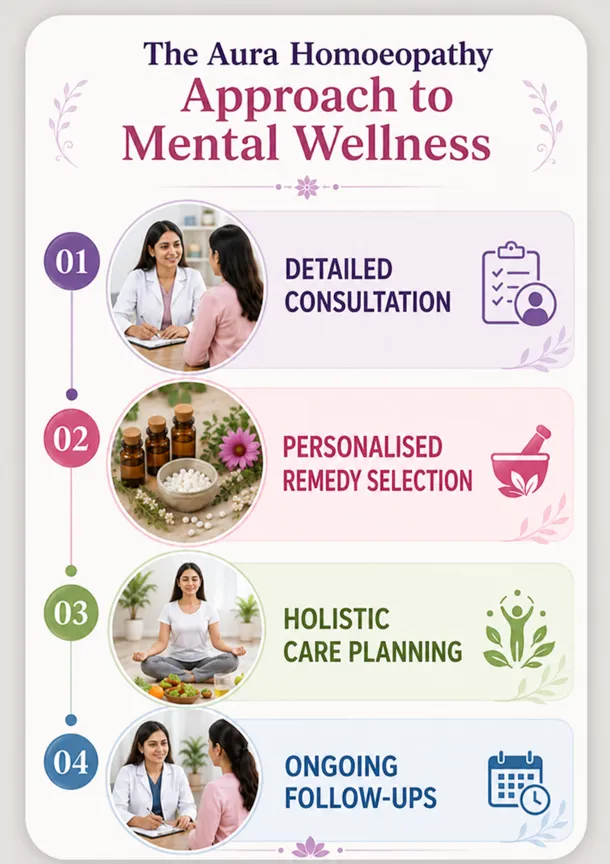 Infographic outlining four-step women's wellness program: Detailed Consultation, Personalised Remedy Selection, Holistic Care Planning, and Ongoing Follow-Ups with decorative elements.