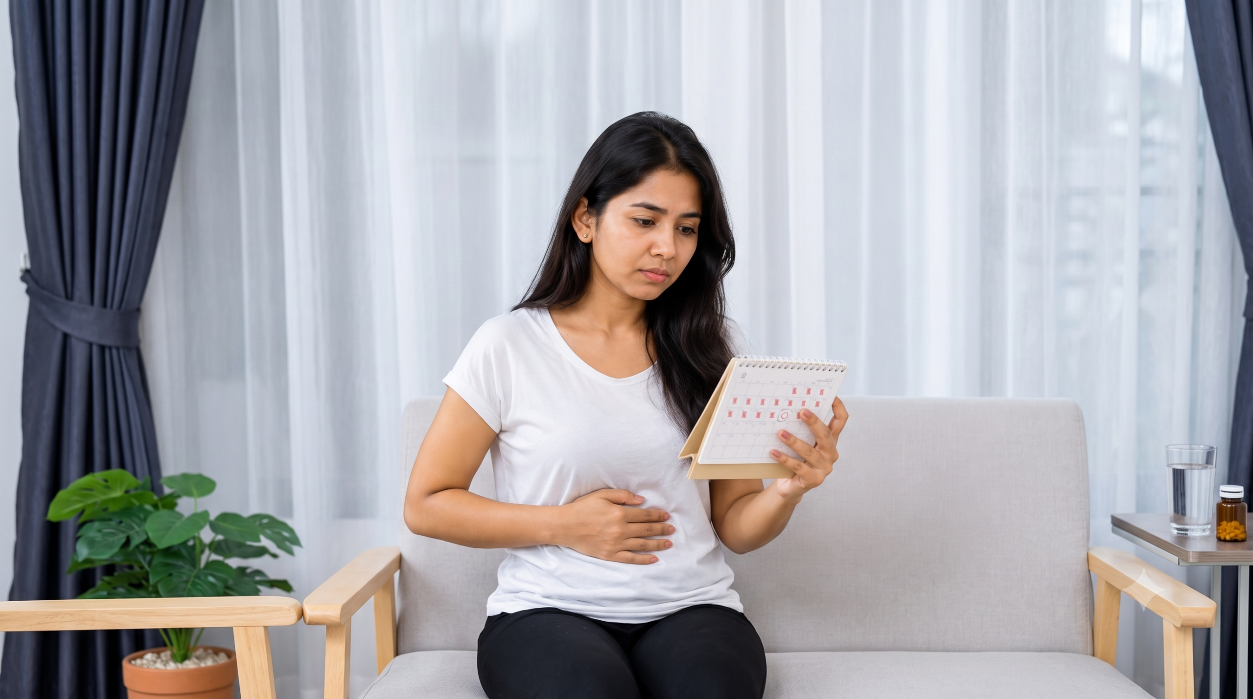 Pregnant woman sitting on a sofa, looking at a small desk calendar she’s holding, with one hand on her belly.