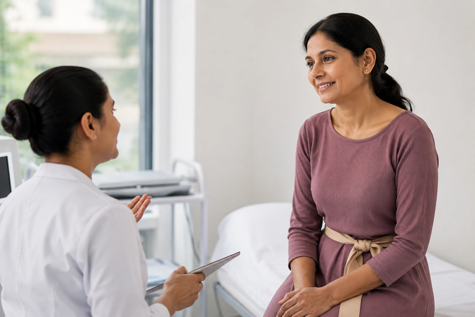 Medical professional in a white coat talks with a patient seated on an examination bed, holding a tablet nearby.