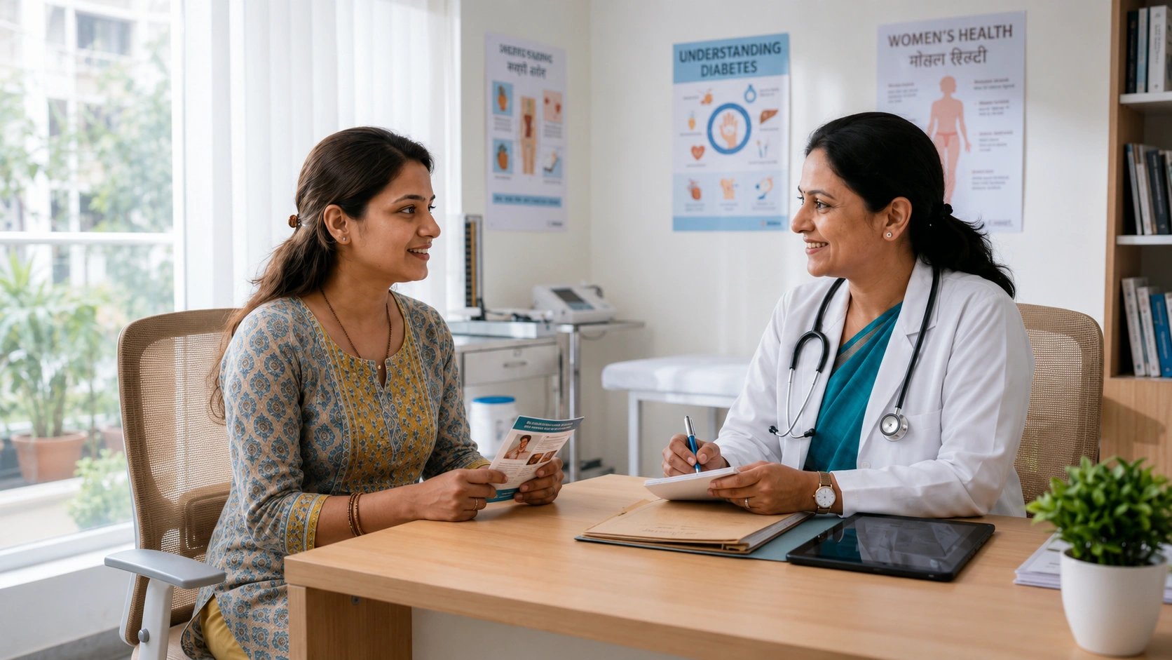 Doctor in a white coat with a stethoscope consults a smiling patient at a wooden desk in a bright clinic, patient holding a brochure.
